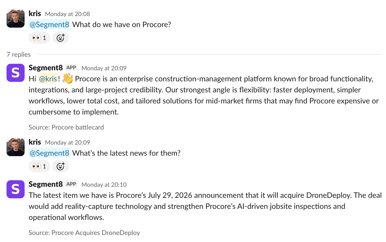 Segment8 source-backed answer in Slack