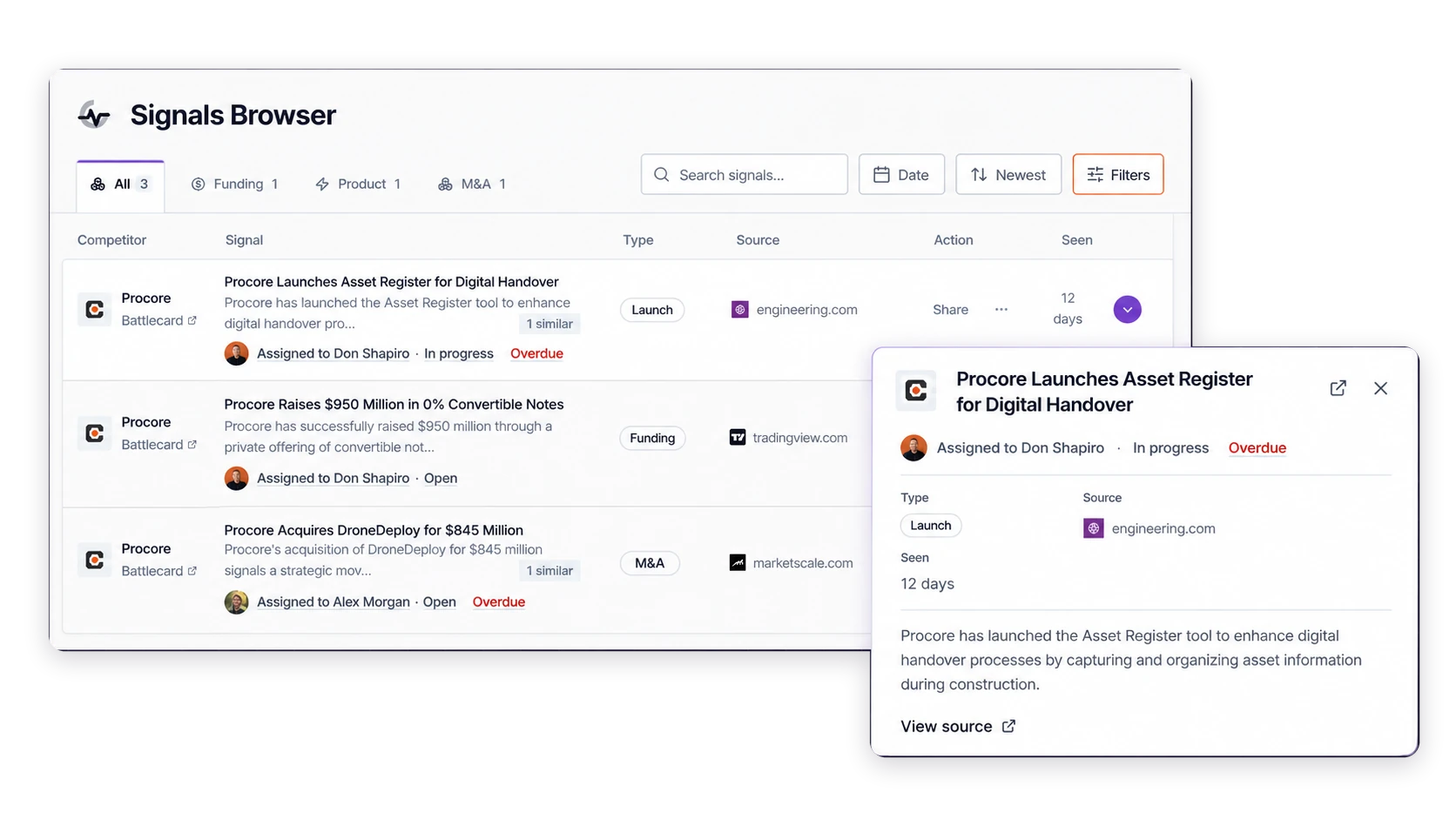Segment8 Signals Browser beside a sourced competitor update