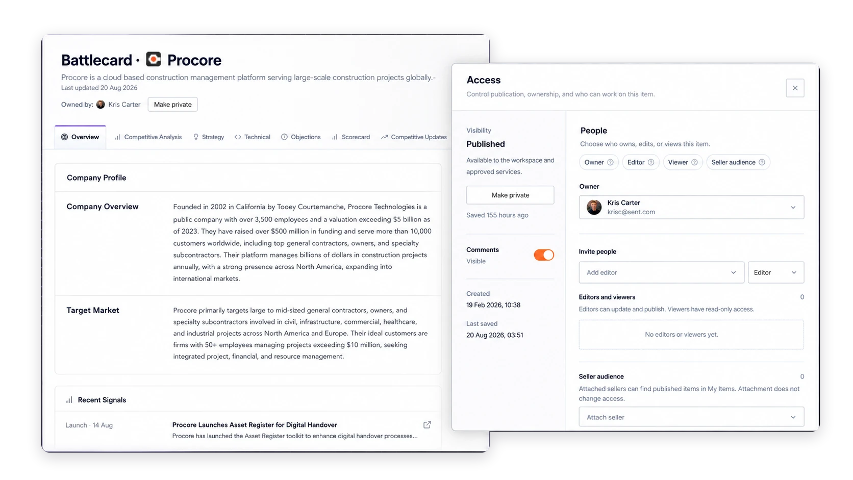 Segment8 battlecard with ownership, access, and seller audience controls