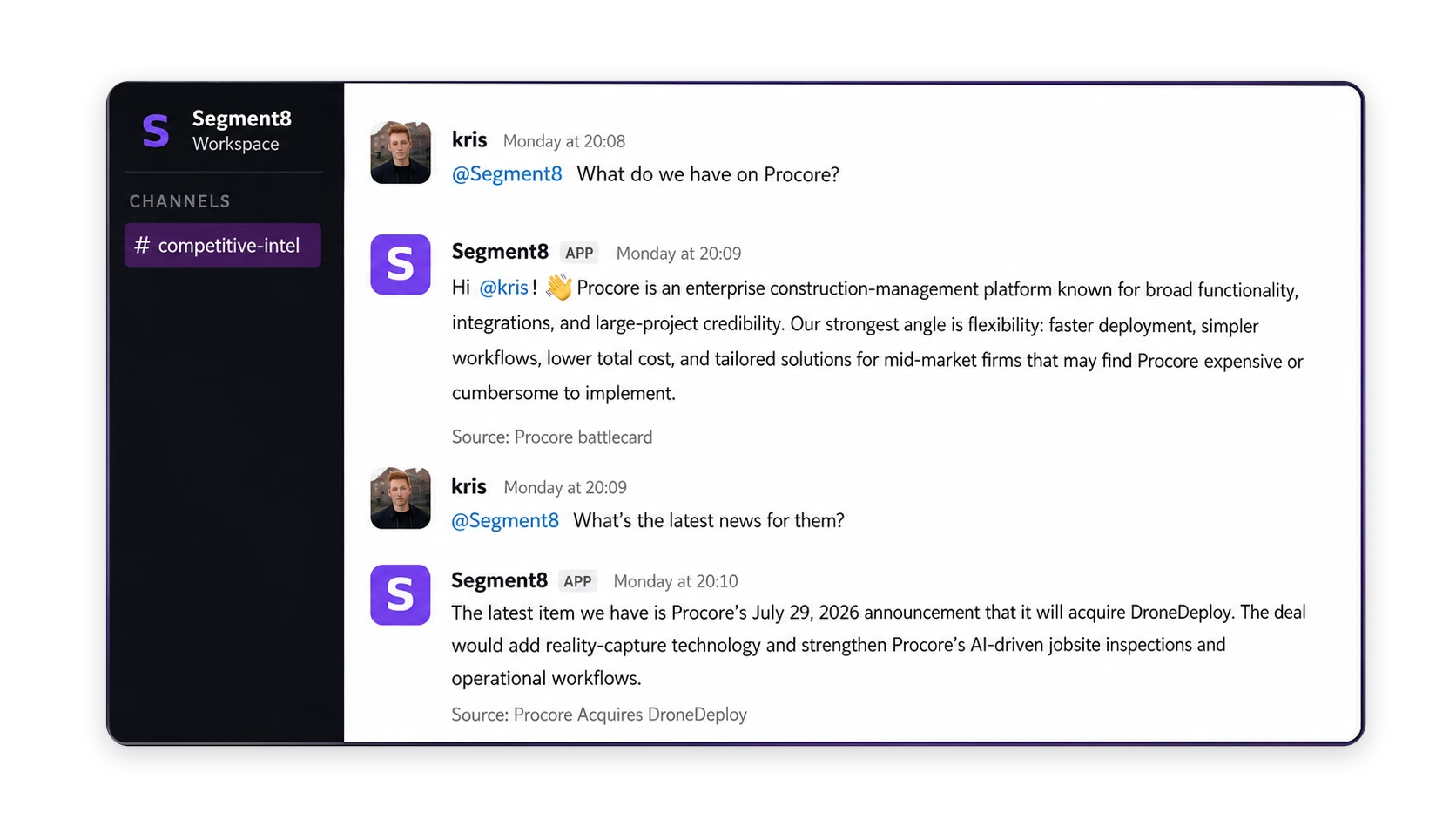 Segment8 source-backed competitive answers in a Slack workspace