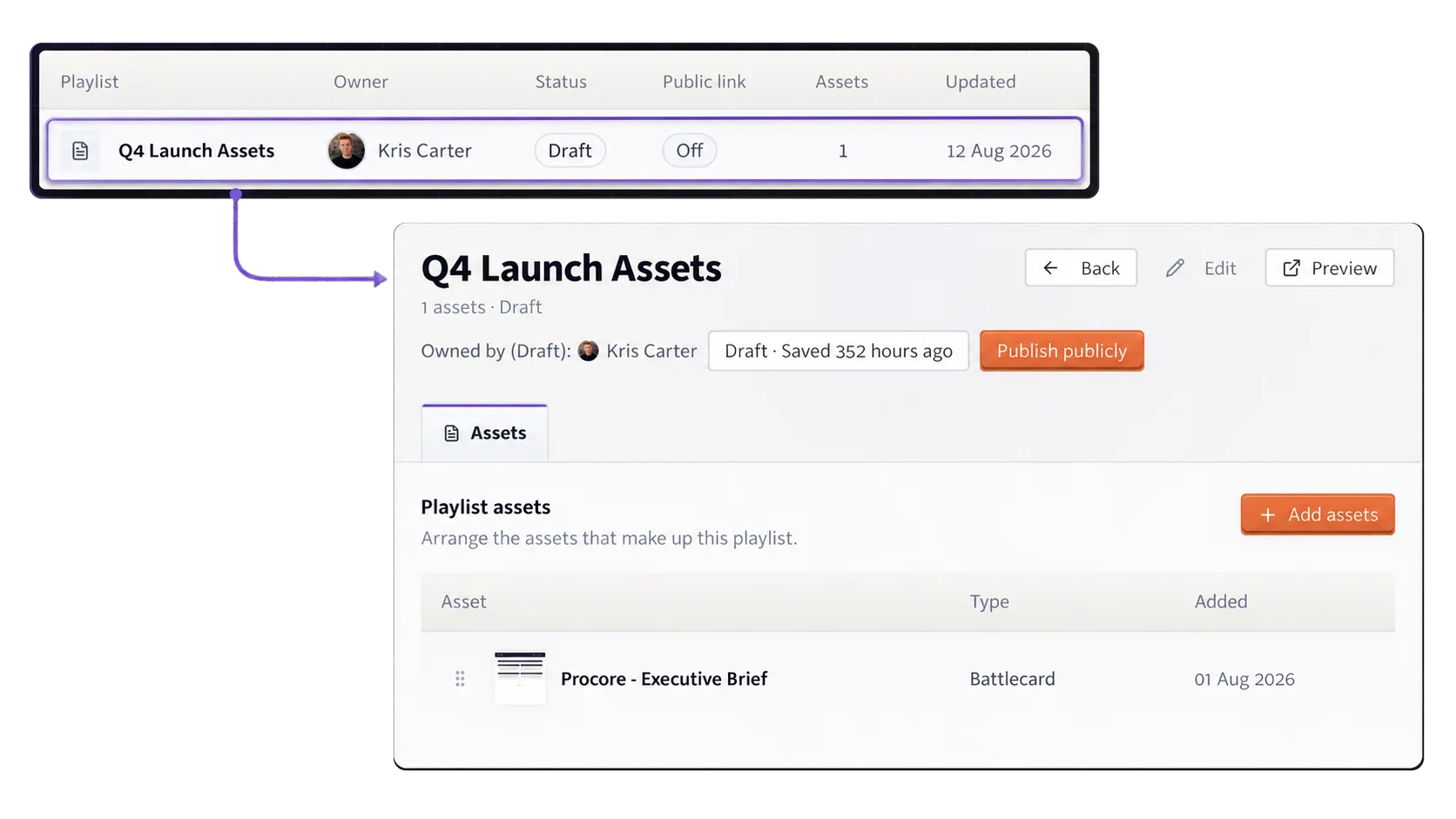Segment8 launch playlist showing its assets and publication controls