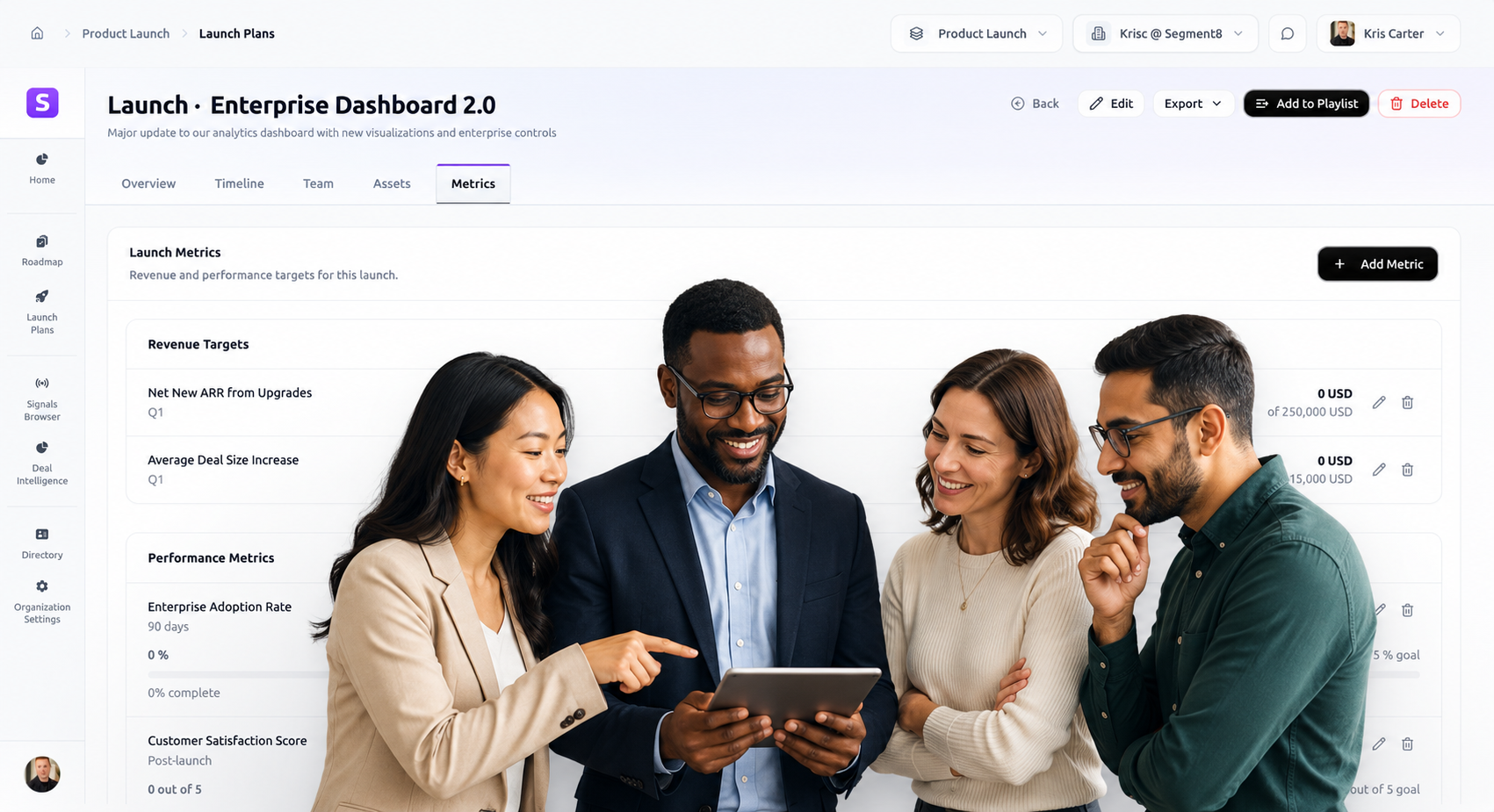 Segment8 launch plans showing metrics and execution tracking