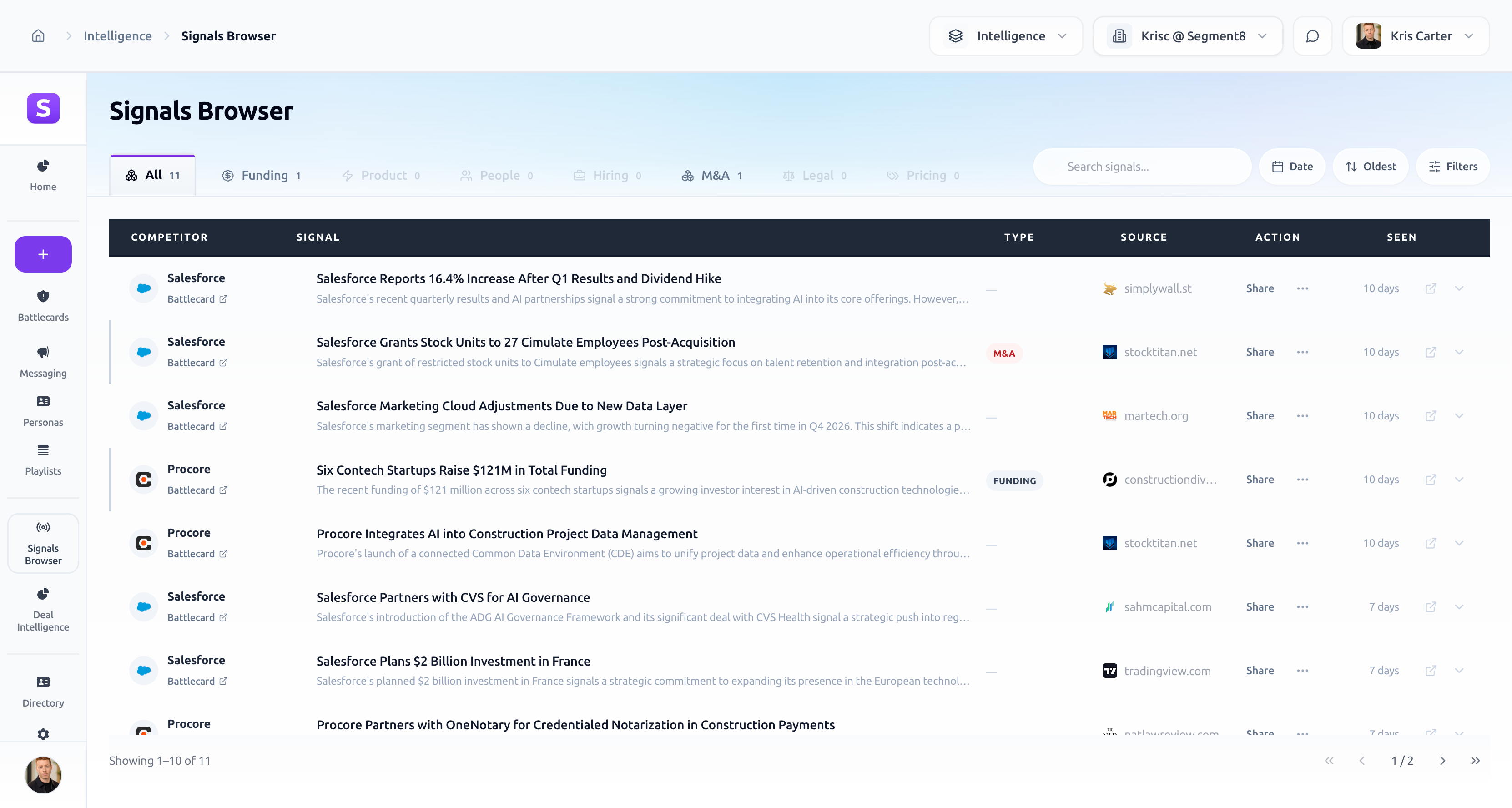 Segment8 market signals browser showing competitive intelligence